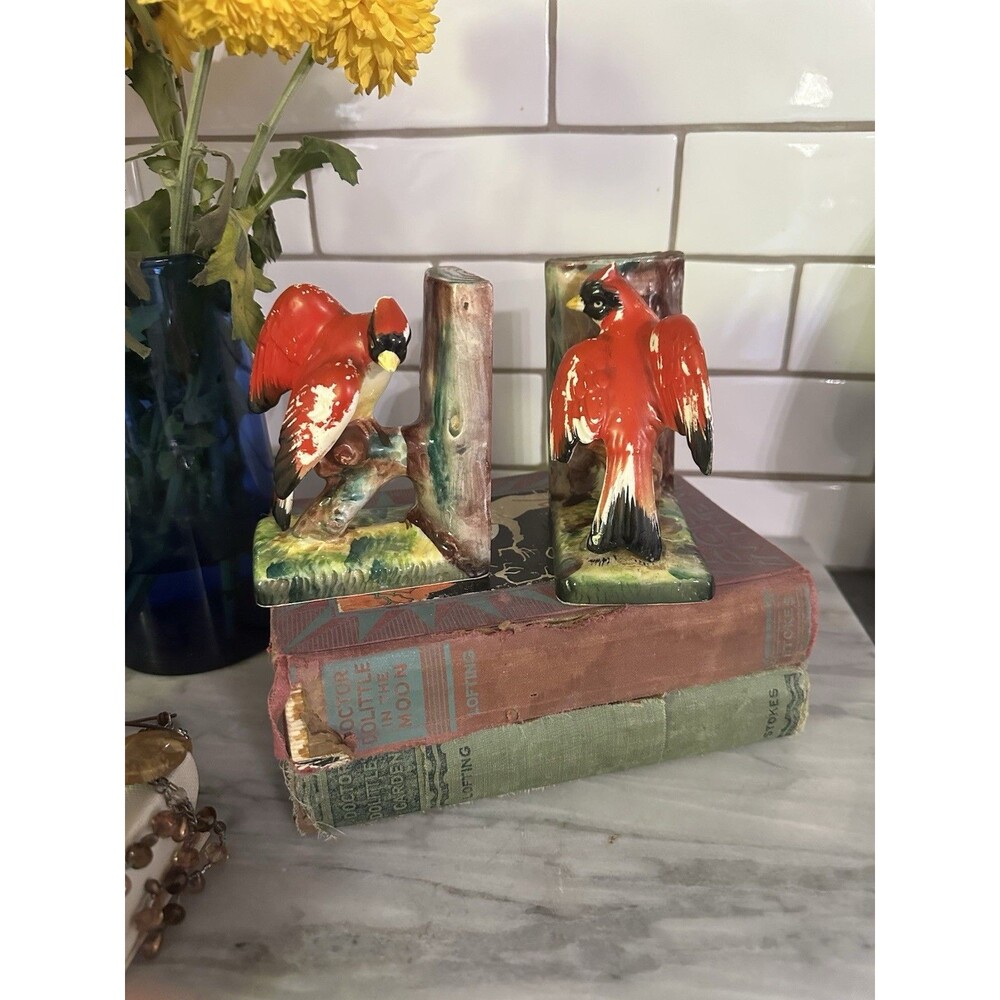Vintage Ucagco Red Cardinal Book Ends Set Of 2, Ceramic, 5.5" 1950s Kitsch